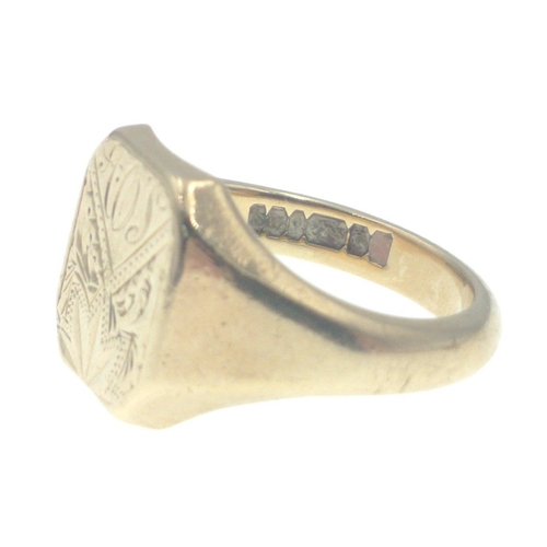 16 - A group of three 375 stamped yellow gold rings, a wedding band size W weight 5.10g approx, alsoA lov... 