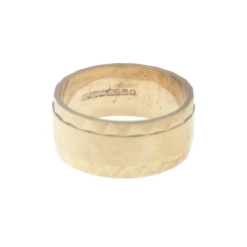 17 - A broad fitting 375 stamped yellow gold band size L weight 4.68g approx, alsoA broad 375 yellow gold... 