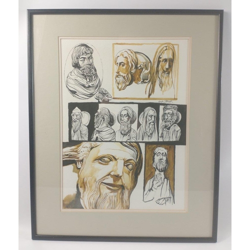 198K - JACK FIRTH RSW (1917-2010) framed ink and watercolour of classic heads montage#236