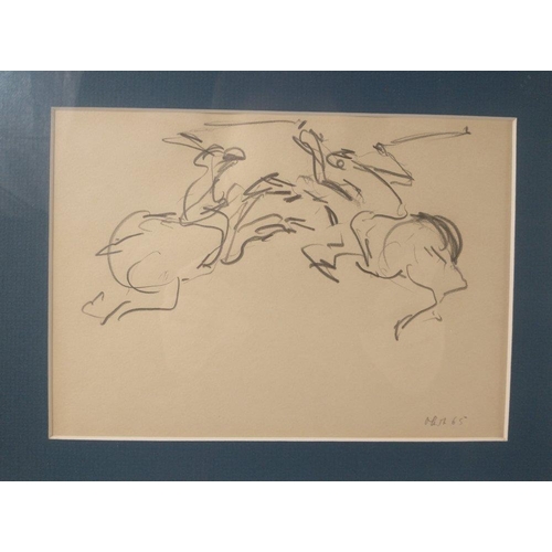 198N - Set of 4 mounted drawings of polo matches signed Marz 65#239