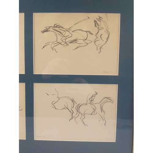 198N - Set of 4 mounted drawings of polo matches signed Marz 65#239