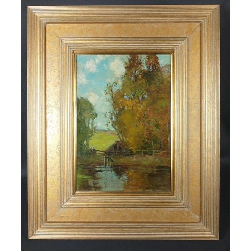 198Q - ALICK RIDDEL STURROCK 'By The Waterside' oil on board, signed and dated July 1913 - dimensions 15