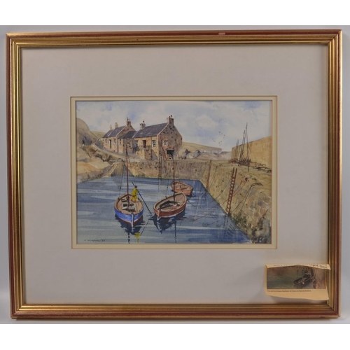 200 - BORDER INTEREST!  J JACKSON artist framed watercolour of COVE Harbour near Cockburnspath Berwickshir... 