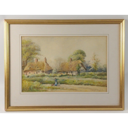 222 - A framed watercolour cottage scene, signed Mary E Campbell frame size 45x35cm, visible size 33x21c,#... 