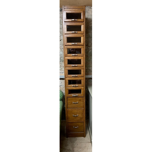 279 - UNIQUE! A very tall oak-fronted glazed drawer fronted storage cabinet 7ft tall x 18â depth x 14â... 