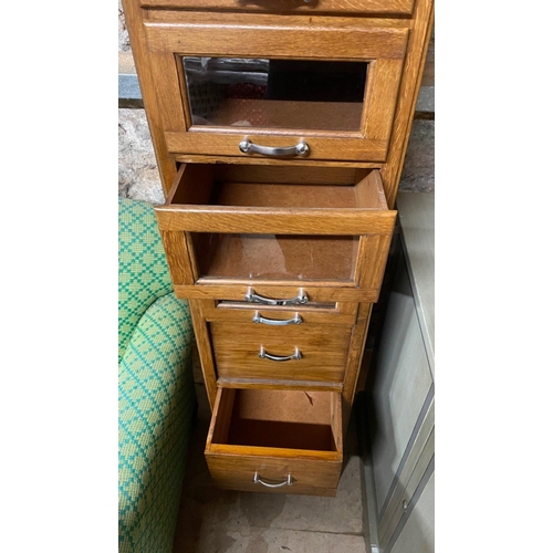 279 - UNIQUE! A very tall oak-fronted glazed drawer fronted storage cabinet 7ft tall x 18â depth x 14â... 