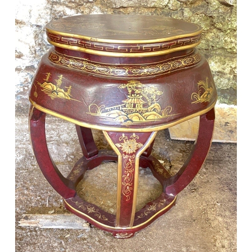 284 - A pair ORIENTAL hand painted tables in maroon and gold paint - dimensions 2ft height x 18â depth a... 