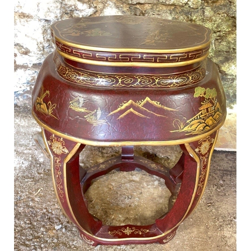 284 - A pair ORIENTAL hand painted tables in maroon and gold paint - dimensions 2ft height x 18â depth a... 