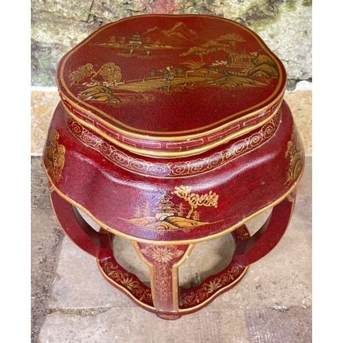 284 - A pair ORIENTAL hand painted tables in maroon and gold paint - dimensions 2ft height x 18â depth a... 