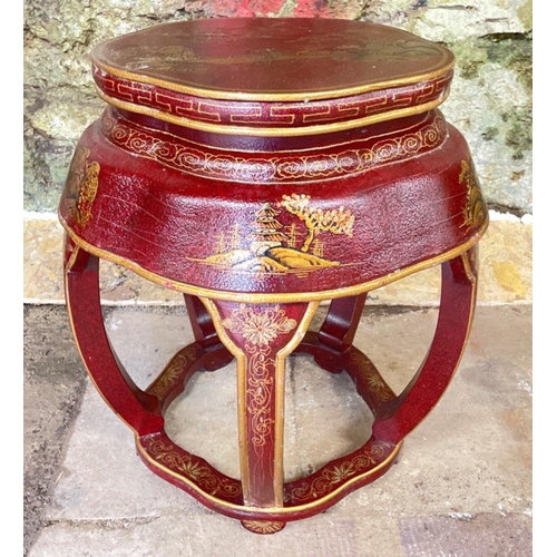 284 - A pair ORIENTAL hand painted tables in maroon and gold paint - dimensions 2ft height x 18â depth a... 