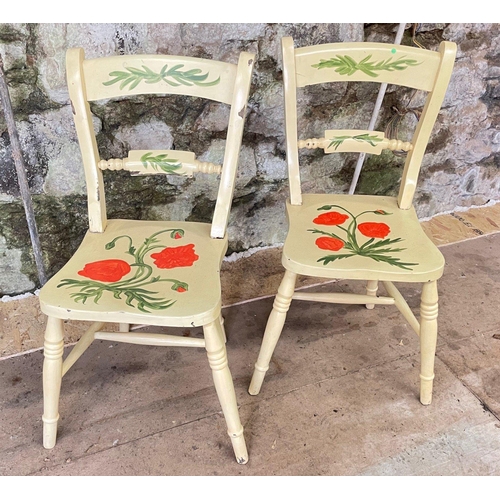 288 - A pair of PRETTY HAND PAINTED late c19th century wooden dining chairs depicting charming large red p... 