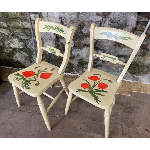 288 - A pair of PRETTY HAND PAINTED late c19th century wooden dining chairs depicting charming large red p... 