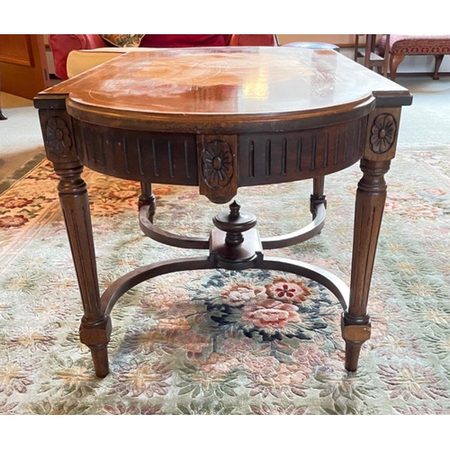 300 - A nice inlaid mahogany coffee table with shaped glass top - some signs of heat damage(marks) on the ... 