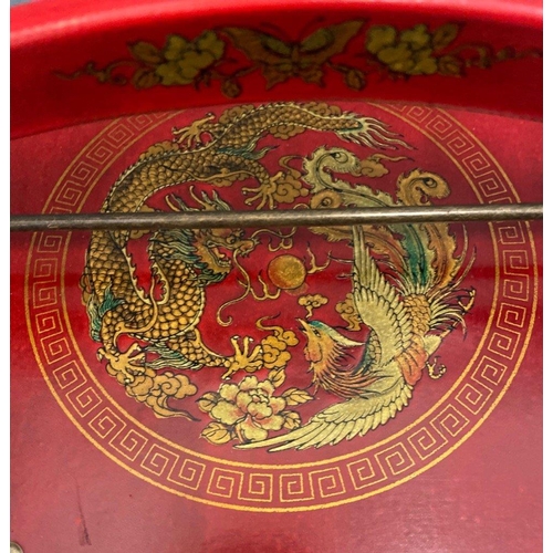 325 - An ORIENTAL HIGHLY decorative red, gold and black painted and lacquered layer with carry handle mock... 