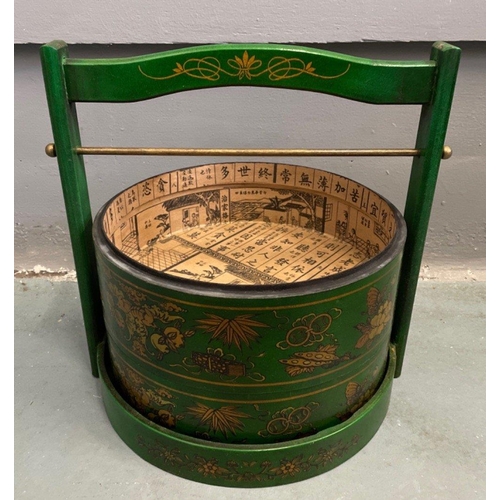 327 - An ORIENTAL HIGHLY decorative green and gold painted lacquered with carry handle mock food carrier -... 