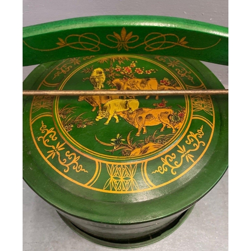 327 - An ORIENTAL HIGHLY decorative green and gold painted lacquered with carry handle mock food carrier -... 