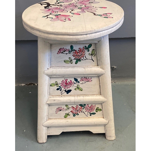 330 - ORIENTAL decorative off-white traditional floral design lacquered white based  stool/storage cabinet... 