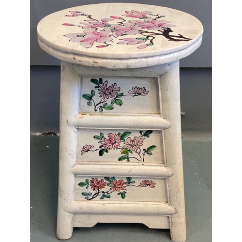 330 - ORIENTAL decorative off-white traditional floral design lacquered white based  stool/storage cabinet... 