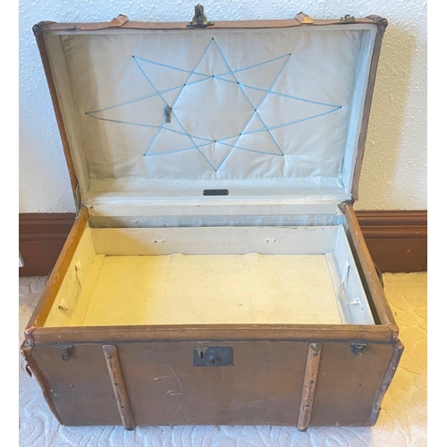 352 - VINTAGE Bentwood trimmed travel trunk with tray, marked M.B#415