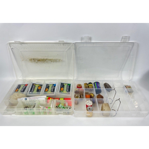 409 - A box of fishing paraphernalia to include 2 fishing bags with several reels including a MORRITTS INT... 