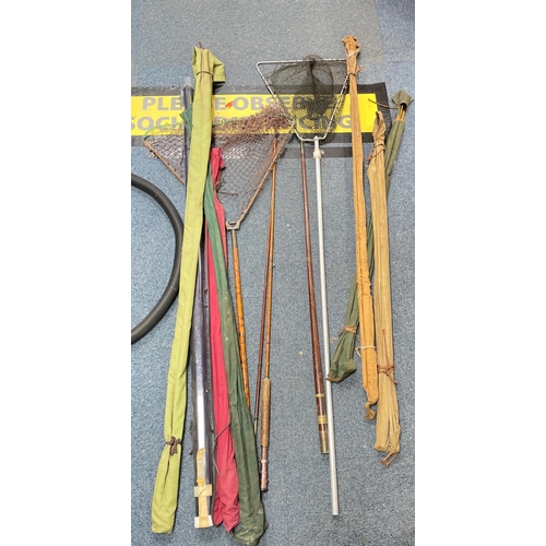 410 - A mixed lot of fishing rods and 2 landing nets to include an AIRFLOW CLASSIC, ALEX MARTIN, a MILBRO-... 