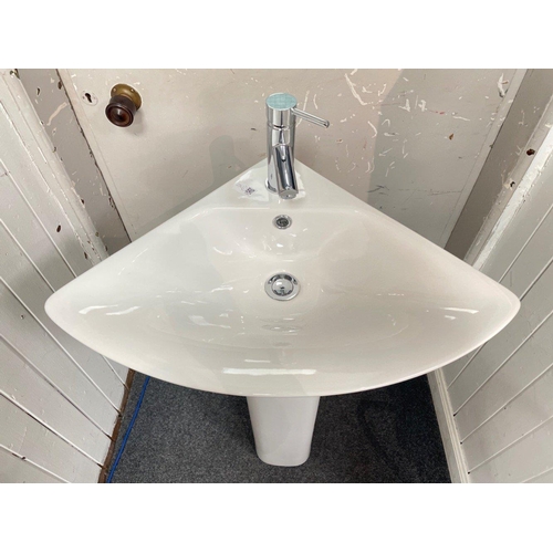 415A - A nice corner ceramic sink with mixer tapand pedastle - in new condition unused - dimensions 46cm wi... 