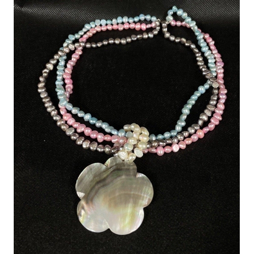 45 - A selection of PEARL NECKLACES to include 3 string multi-coloured with an abalone flower pendant, a ... 