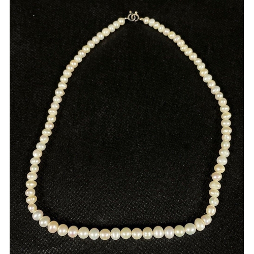 45 - A selection of PEARL NECKLACES to include 3 string multi-coloured with an abalone flower pendant, a ... 