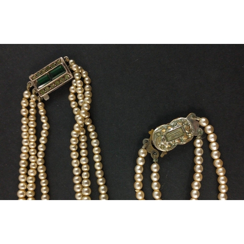 50B - VINTAGE Two sets of early 20th century strings of faux pearls, one is a triple strand with silver st... 