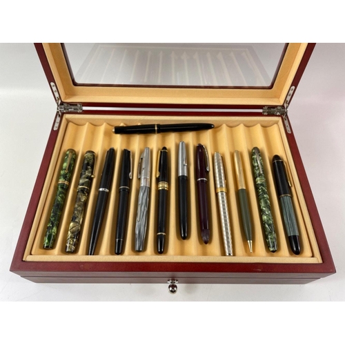 52 - Modern 23 slot quality wooden Pen collectors cabinet complete with 24 vintage mainly fountain pens. ... 