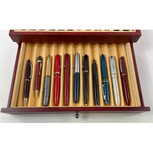 52 - Modern 23 slot quality wooden Pen collectors cabinet complete with 24 vintage mainly fountain pens. ... 