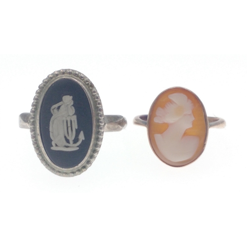 6 - A 9ct stamped cameo ring size I 1.95g gross approx with a silver stamped black and white Wedgwood st... 