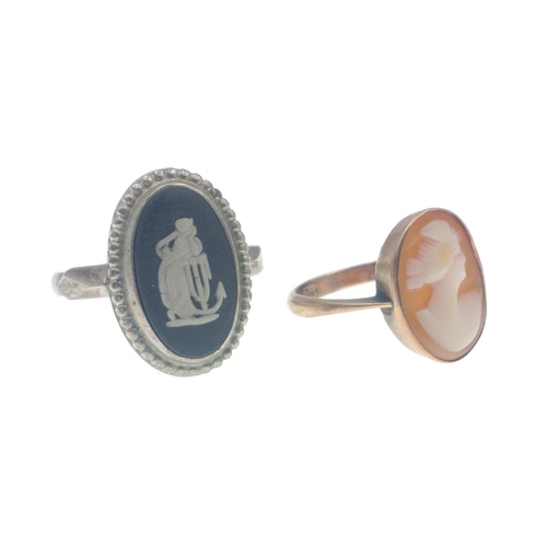 6 - A 9ct stamped cameo ring size I 1.95g gross approx with a silver stamped black and white Wedgwood st... 