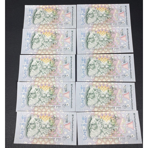 72 - A sequential run of ten ROYAL BANK OF SCOTLAND one pound notes (AGB0116489 - AGB0116498), in mint co... 