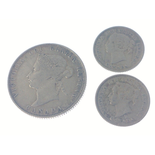 74 - A collection of three silver coins to include. VICTORIA 1874 SILVER Canadian 25 Cents coin and two 5... 