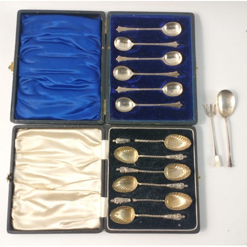 79 - A boxed set of silver hallmarked, Birmingham 1936, coffee spoons by AJ Bailey gross weight 30g, a bo... 