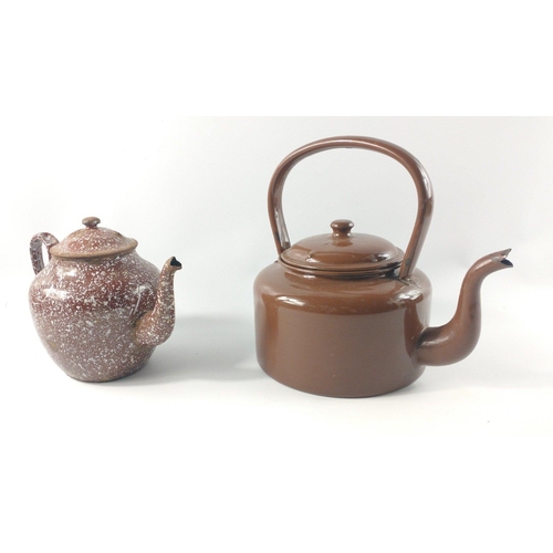 98 - Add some real character to your kitchen with this brown enamel kettle, and an elderly brown speckled... 