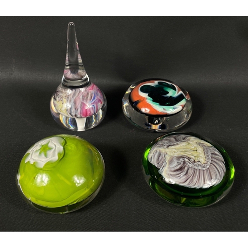 185 - A collection of four PAPERWEIGHTS, flatter than the norm, diameter at base 6cm, plus one teardrop sh... 