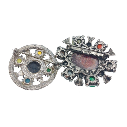 26 - Two vintage SCOTTISH inspired brooches with thistles and semi-precious stones, 1 round (4cm dia) and... 