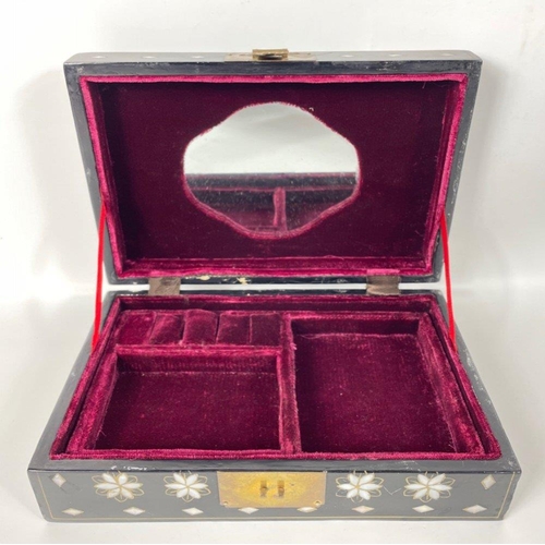 36 - A nice LACQUERED mother of pearl inlay velvet lined jewellery box - dimensions 29cm x 18cm x 8.5cm h... 