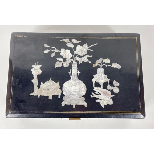 36 - A nice LACQUERED mother of pearl inlay velvet lined jewellery box - dimensions 29cm x 18cm x 8.5cm h... 