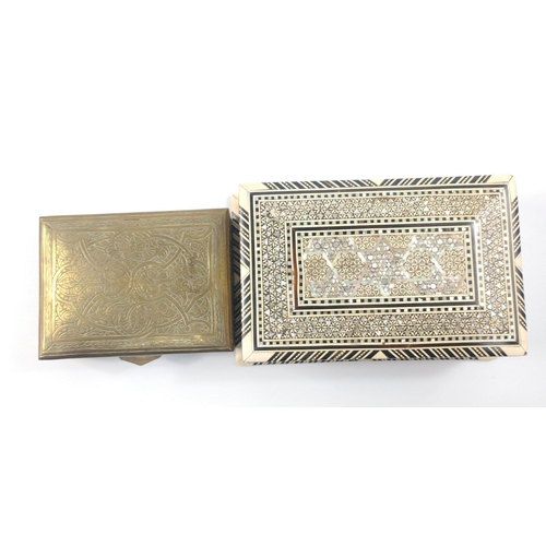 43 - A small wooden jewellery box heavily decorated with inlaid mother of pearl 22x13x7cm and a brass, wo... 