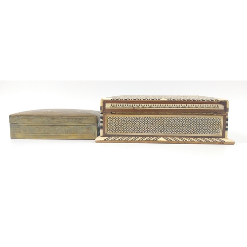 43 - A small wooden jewellery box heavily decorated with inlaid mother of pearl 22x13x7cm and a brass, wo... 