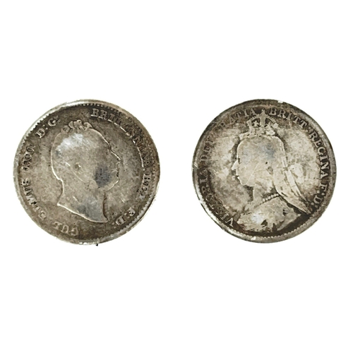 52 - 1902 Edward VII, a silver coronation medal in good condition with two silver threepences 1836 and 18... 