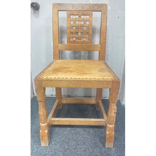 72B - MAGICAL - MOUSEMAN (Robert Thomson of Kilburn) set of FOUR carved oak dining chairs with carved latt... 