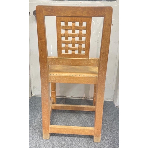 72B - MAGICAL - MOUSEMAN (Robert Thomson of Kilburn) set of FOUR carved oak dining chairs with carved latt... 