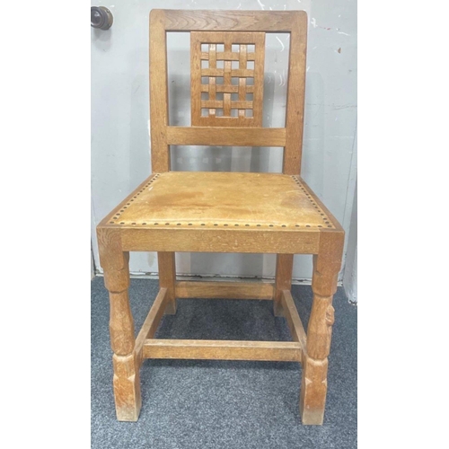 72C - MAGICAL - MOUSEMAN (Robert Thomson of Kilburn) set of FOUR carved oak dining chairs with carved latt... 