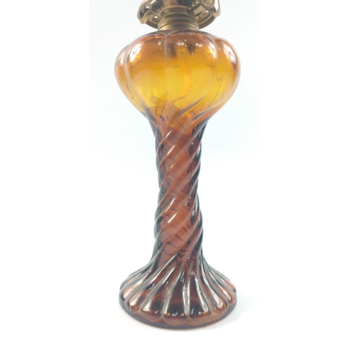 285 - An UNUSUAL ANTIQUE brown glass reservoir oil lamp c1920's, the brown glass stem is in twisted form w... 