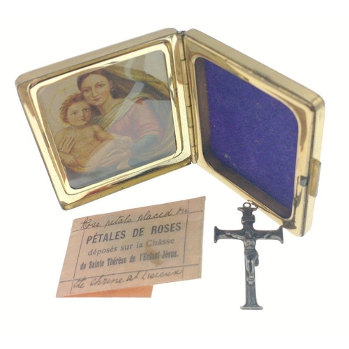 14 - A nice quality yellow metal snap-shut keepsake box with a cross and mother of pearl inlay dimensions... 