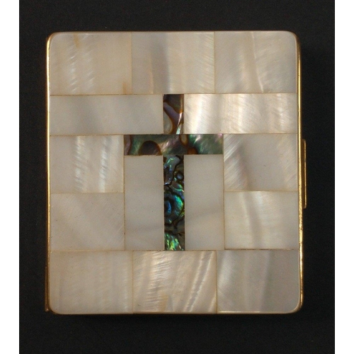 14 - A nice quality yellow metal snap-shut keepsake box with a cross and mother of pearl inlay dimensions... 